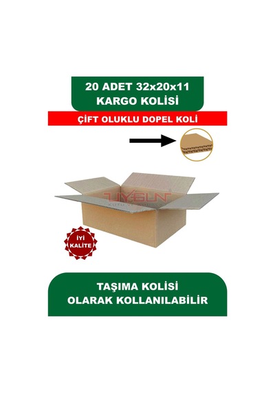 20 Adet 32x20x11 Cm Baskısız Çift Oluklu Boş Koli, Dopel Ürün Kolisi, Kargo Kolisi, Tssst
