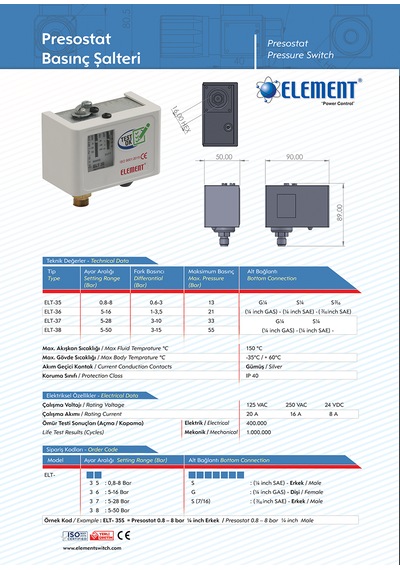 Element Elt-38 5-50 Bar G1/4 Dişi Presostat Basınç Şalteri