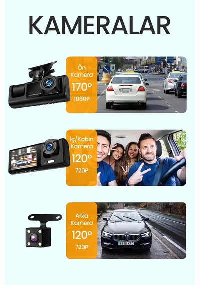 C309 Tipi 3 Kameralı Lcd Ekran Araç Kamerası Hareket Sensörlü Gece Görüşlü G Sensörlü