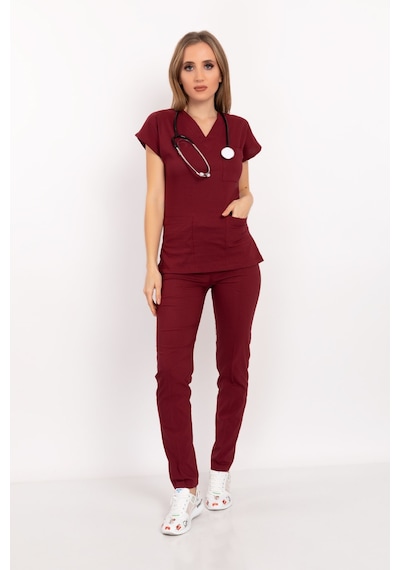 Bordo Renk Likralı Unisex Doktor Hemşire Hastane Scrubs Üniforma