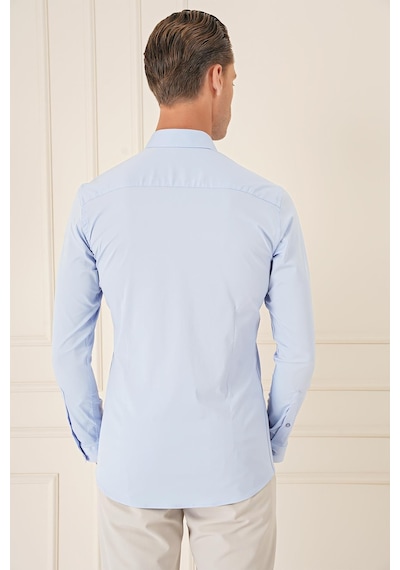 Efor Slim Fit Düğmeli Yaka Esnek Pamuk Klasik Mavi Gömlek Gk 727 Mavi
