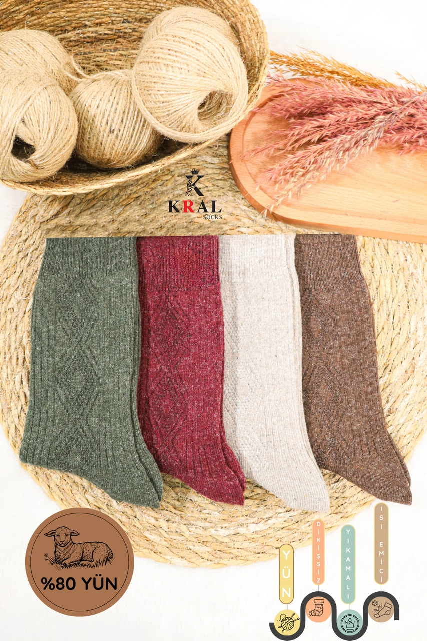 Miss Lana Ladies Socks Kışlık 4 Çift Lambswool Kadınlar Için Termal Kutulu Dikişsiz Yün Çorap ASORTİ