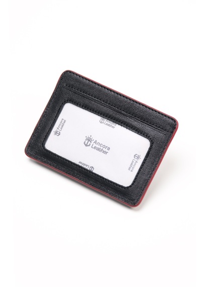 Ancora Leather Hakiki Deri-minimal Tasarım Kartlık-26205-kişiye Özel İsim Baskılı Siyah - Kırmızı