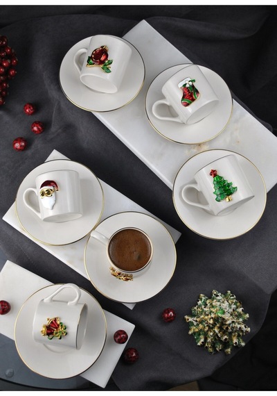 6 Kişilik Yılbaşı Dekorlu Porselen Kahve Fincan Takımı 90 Ml Yeni Yıl Noel 12 Parça Beyaz