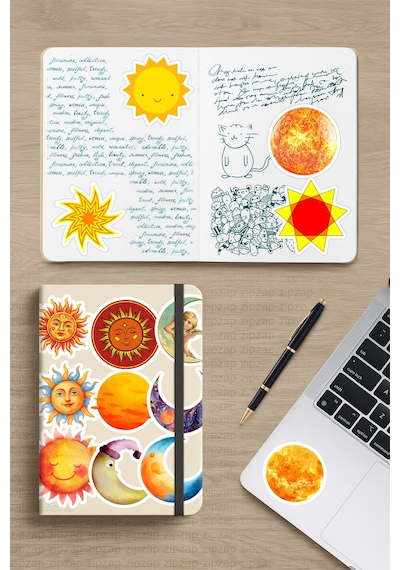 Ay Ve Güneş Temalı Bullet Journal Telefon Laptop Yapışkanlı Folyo Sticker Paketi 20 Adet Çok Renkli