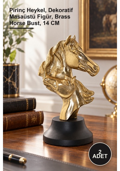 2 Adet At Büstü Pirinç Heykel, Dekoratif Masaüstü Figür, Brass Horse Bust, 14 Cm 1