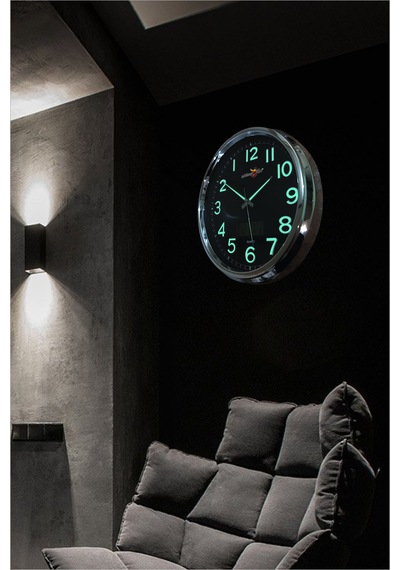 Fosforlu Gece Görünen 32 Cm Ters Çalışan Sessiz Siyah Duvar Saati Siyah - Gümüş