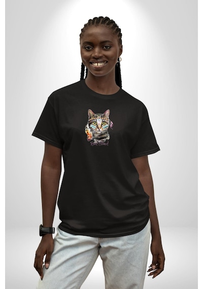 Red Cloud Kedi Hintli Siyah Oversize Unisex Ön Orta Minimal Baskılı Tişört Siyah
