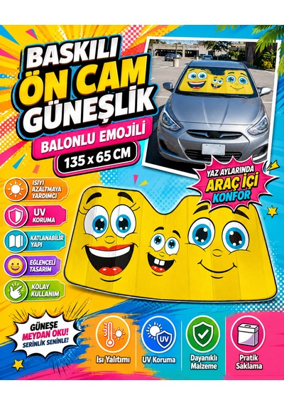 Baskılı Ön Cam Güneşlik Balonlu Emojili 135x65cm Görsel Afiş 135x65 Cm