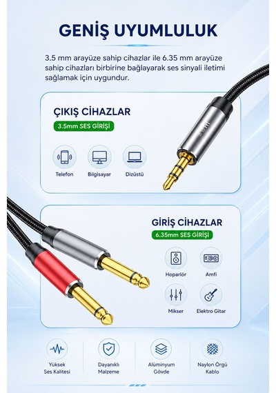 3.5mm - Çift 6.35mm Stereo Ses Kablosu 1.5 Metre, Amfi Mixer Gitar Hoparlör Sahne Ekipmanı Uyumlu, Sağ Sol Kanal, Altın Kaplama, Naylon Örgülü, Parazit Önleyici A160e