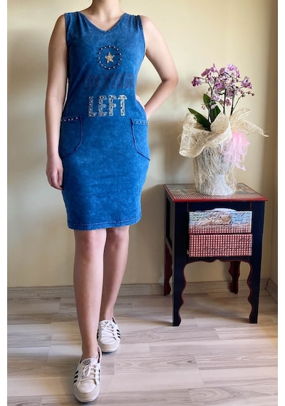 Mia Butik Kadın İtalyan Yıkamalı Kolsuz Lacivert Elbise-673 Kırmızı