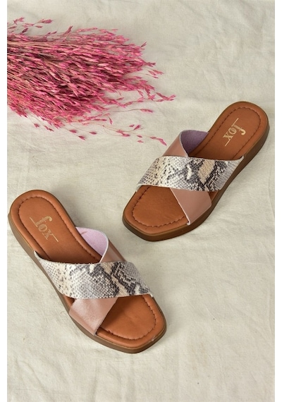 Fox Shoes Somon Hakiki Deri Çapraz Bantlı Kadın Terlik M291049903
