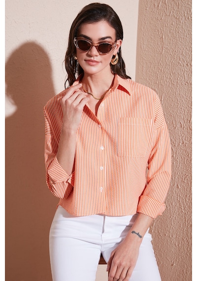Lela Regular Fit Çizgili Göğüs Cepli Dokulu Bayan Gömlek 6772870 Oranj