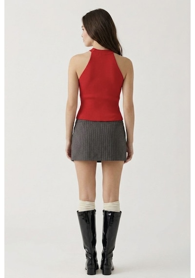 Neden Tekstil Kadın Fitilli Halter Yaka Crop Bluz - Kırmızı