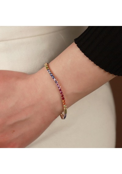 Renkli Sıra Taşlı Su Yolu Rose Gold Kaplama Gümüş Bileklik Gümüş