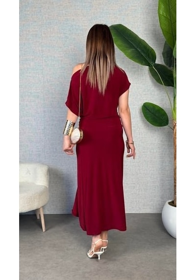 Hazego Kadın Kısa Kollu Tek Omuzdan Açık Beli Lastikli Sandy Maxi Elbise Bordo