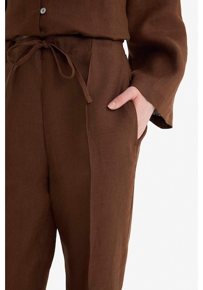 Defacto %100 Keten Straight Fit Beli Lastikli Cepli Pantolon D4388AX24HS Kahve