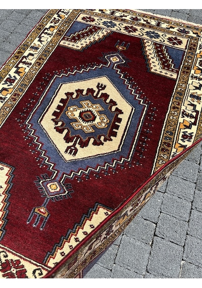 El Dokuma %100 Yün Yahyalı Halısı 100x157 Bordo Mavi Kök Boya Bordo