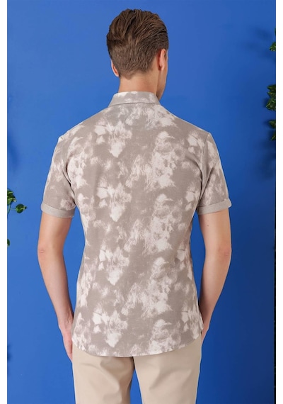 Efor Slim Fit Düğmeli Yaka Batik Desenli Kısa Kol Pamuk Bej Gömlek G 1502 Bej