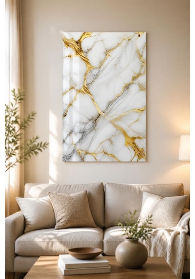 Mermer Gold Desenli Baskılı Cam Tablo Lüks Uv Baskı Dekoratif Duvar Tablosu