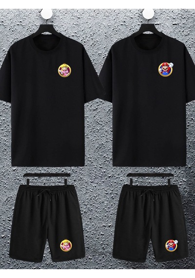 Unisex Kadın Erkek Spr Mario Ve Prenses Baskılı Sevgili Çift Kombini Tasarım Oversize Tshirt Ve Şort Siyah Mck2416 Siyah