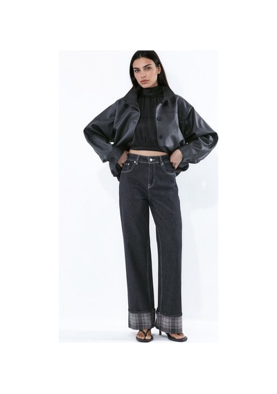 Hiccup Paça Ekose Detaylı Yüksek Bel Wide Leg Jeans Siyah