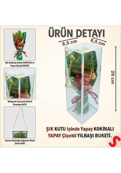 Pvc Kutulu Kokinalı 26cm X 8,5cm Yılbaşı Buketi - Yeşil