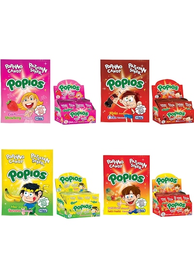 Hleks Patlayan Şeker Popios 4'lü Set Çilek - Kola - Muz - Tutti Frutti 160 Adet