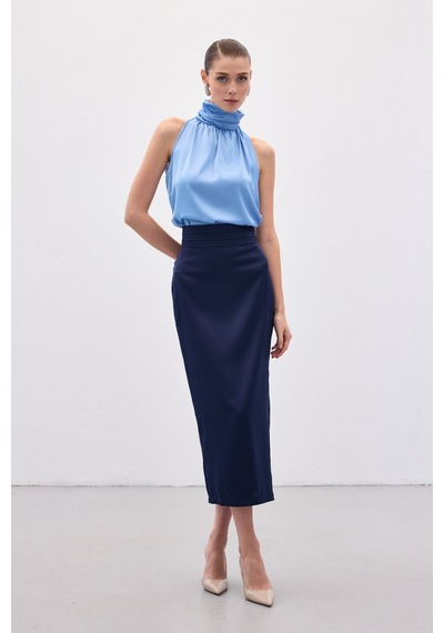 Sateen Bel Pile Detaylı Saten Etek - Lacivert-136551 Lacivert