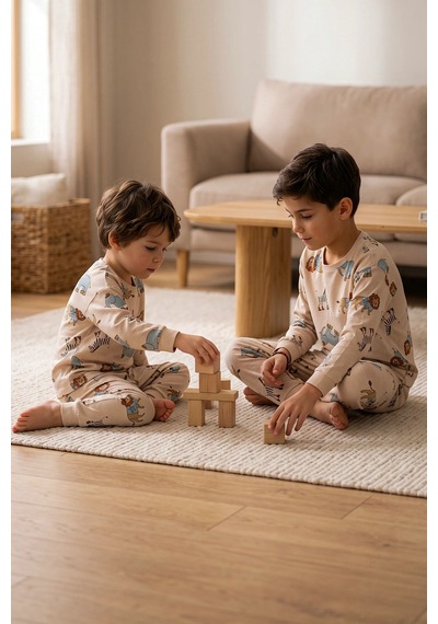 Zuzunga Sevimli Animal Aslan-zebra-fil Desenli Erkek Pijama Takımı Bej