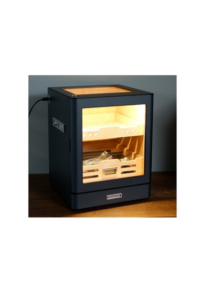 Premiumquality Sucre Aksesuar Çekmeceli İçi Ledli Karbon Desenli Sedir Humidor Puro Kutusu - Tr9647