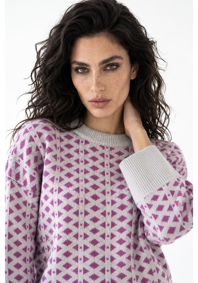 Neden Tekstil Kadın Geometrik Desenli Premium Triko Kazak - Gri-pembe