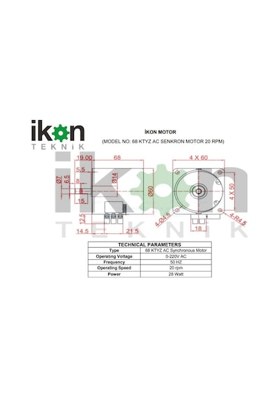 İkon Teknik AC SENKRON MOTOR 68 KTYZ 2O RPM 28 Watt 220 Volt