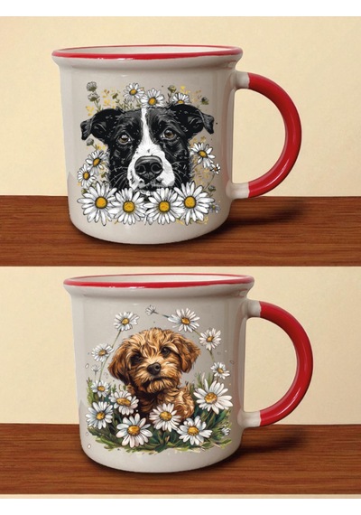 Papatya Köpek Baskılı Ağzı Kırmızı Bardak - Erkek Arkadaşa Hediye, Bebek Hediyeler, Bebek Hediyesi Beyaz