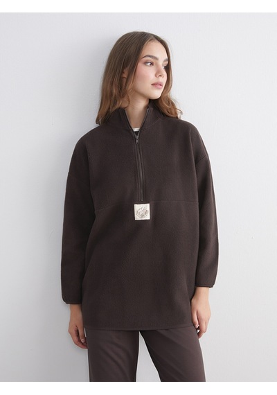 Lcw Modest Kahverengi Dik Yaka Nakışlı Polar Kadın Sweatshirt Tunik