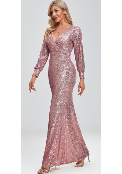 Hanife Glam Couture Hanife Glam Uzun Kollu Kruvaze Yaka Pullu Abiye Elbise Pembe