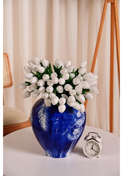 Beyaz Yapay Lüx Lale Çiçeği Buketi 8 Dallı Premium Canlı Islak Dokulu 35 Cm