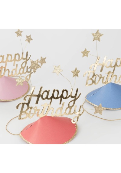Meri Meri - Happy Birthday & Stars Party Hats Foıl - Happy Birthday & Yıldızlar Parti Şapkaları 6'lı Çok Renkli