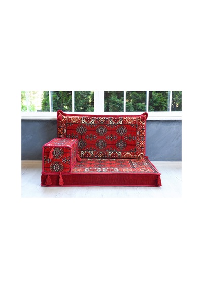 Şark Köşesi Takımı , 95 cm Yer Minderi Takımı (Sünger Dahil) Kırmızı Buhara Modeli (3 Parça)