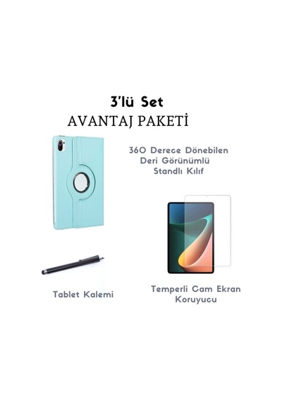 Xiaomi Uyumlu Mi Pad 5 3'lü Set Standlı Dönebilen Tablet Kılıfı + Temperli Ekran Koruyucu + Kalem Arka Kapak