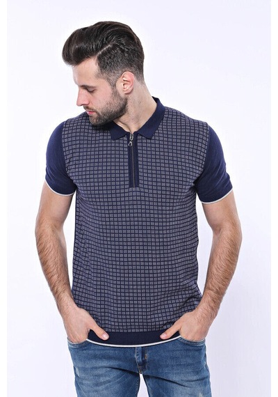 Yake Store Polo Yaka Lacivert Desenli Fermuarlı Örme T-shirt Wessi - Koyu Mavi siyah