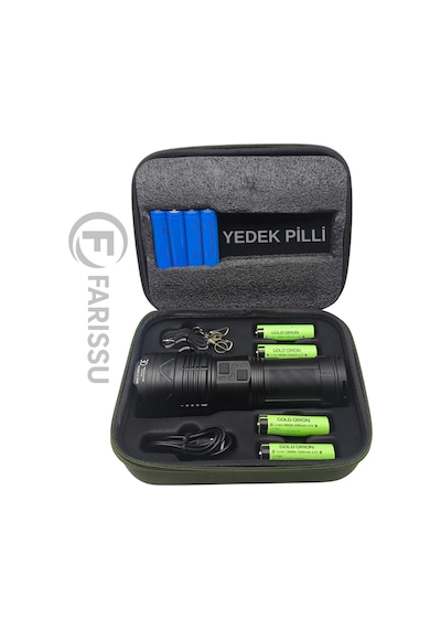 Or-g501 Geceyi Gündüze Çeviren 3 Km Menzilli Dev Projektör Fener Powerbank Özellikli Yedek Pilli Full Set Siyah