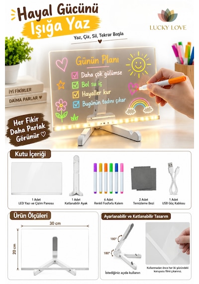 Led Işıklı Silinebilir Yazı Ve Çizim Panosu 30x20 Cm Fosforlu Kalemli Usb'li Katlanabilir Ayaklı Şeffaf