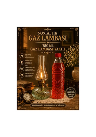 Nostaljik Vintage Gaz Lambası Ve 750 Ml Gaz Lambası Yakıtı Seti Dekoratif Aydınlatma Ve Kamp Lambası