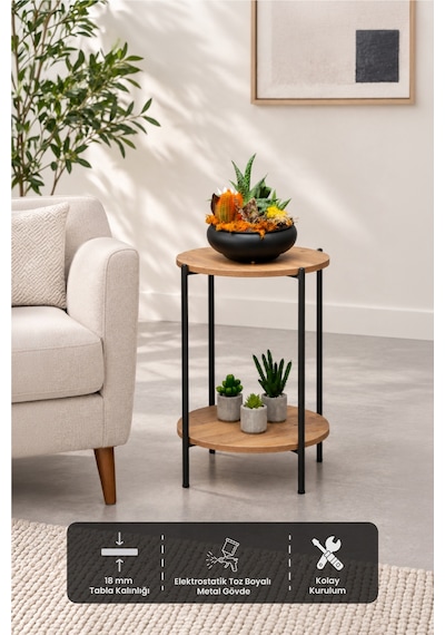 Sehpol Yuvarlak Tablalı İki Raflı Sehpa Q42x60 Cm Antrasit - Atlantik Çam