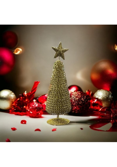Vıp Deluxe Metal Yılbaşı Çam Ağacı Parlak Simli Gold Noel Ağacı 21 Cm Altın Çam Ağacı Dekor Çam 21cm