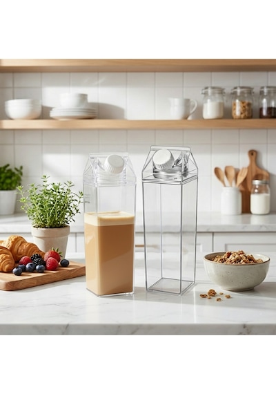 4 Lü Set 1000 Ml Şeffaf Süt Kutusu Tasarımlı Akrilik Matara - Buzdolabı İçi Düzenleyici Şişe