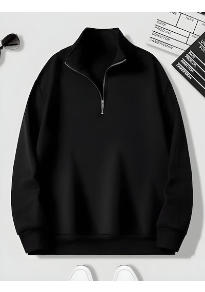 Harmandar Siyah Erkek Baskısız Dik Yaka Yarım Fermuarlı Düz Kazak Sweatshirt Siyah