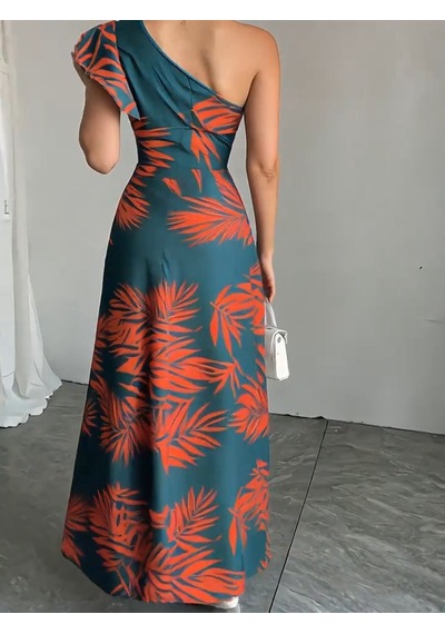 Efnaz Style Kadın Tek Omuzlardan Açık Yırtmaçlı Uzun Desenli Elbise Kırmızı