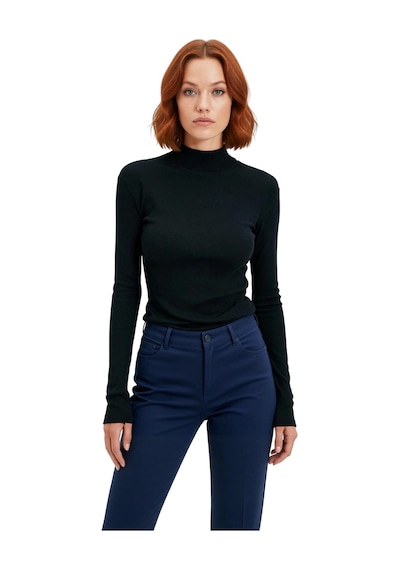 Ersefa Moda Dik Yaka Örme Slim Düz Desen Casual Günlük Regular Uzun Kol siyah